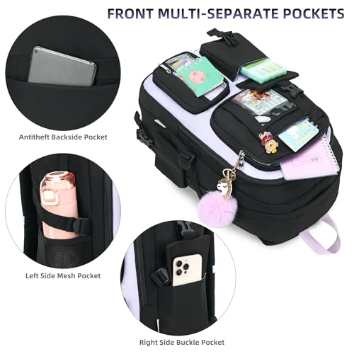 LXYGD Backpack for Girls with Accessories Laptop Bookbags 16 Inch Kawaii Kids Elementary Middle High School Bag College Travel Daypack Gifts for Teens Women Students (Black Purple) - Image 3