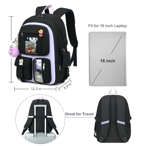 LXYGD Backpack for Girls with Accessories Laptop Bookbags 16 Inch Kawaii Kids Elementary Middle High School Bag College Travel Daypack Gifts for Teens Women Students (Black Purple) - Image 5