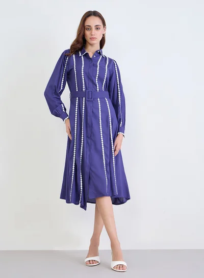 Styli Blue Lace Trim Shirt Midi Dress