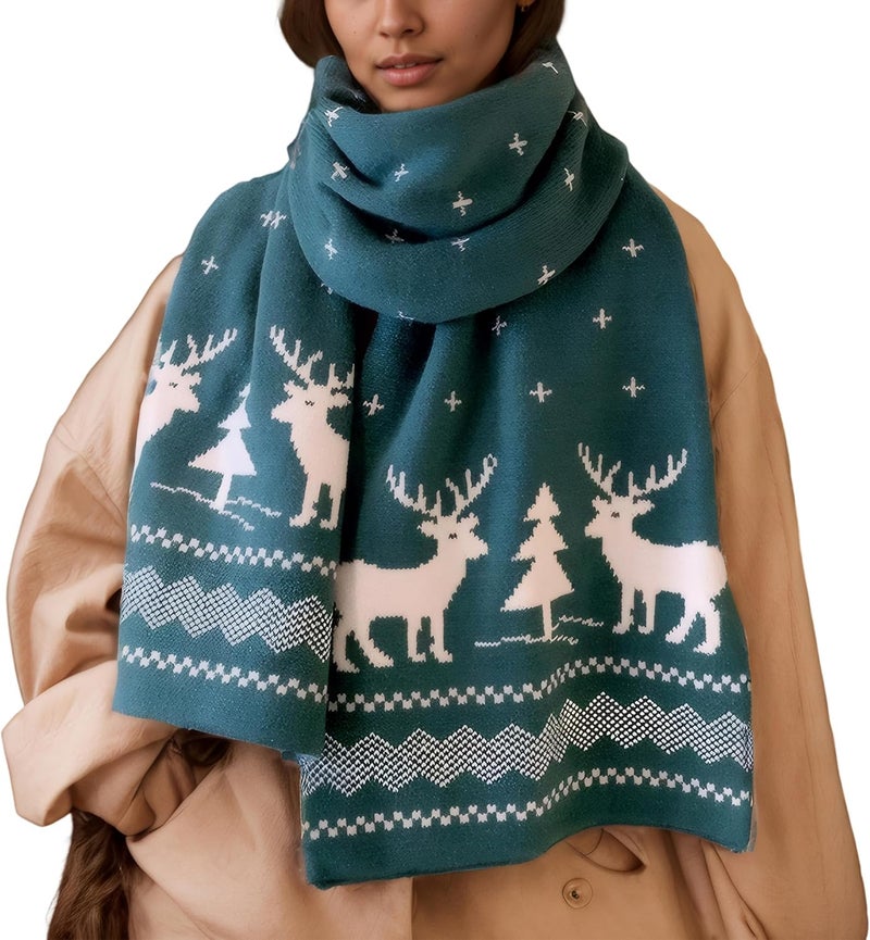 HZYH Fall Winter Soft Knit Scarf For Women Men Boys Girls, Christmas Scarf With Reindeer And Snowflake Pattern (Green) - Image 1