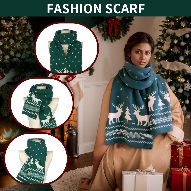 HZYH Fall Winter Soft Knit Scarf For Women Men Boys Girls, Christmas Scarf With Reindeer And Snowflake Pattern (Green) - Image 4