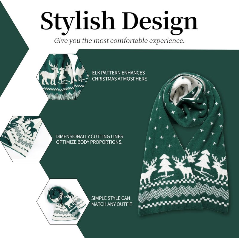 HZYH Fall Winter Soft Knit Scarf For Women Men Boys Girls, Christmas Scarf With Reindeer And Snowflake Pattern (Green) - Image 3