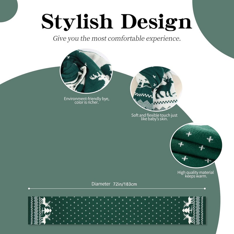 HZYH Fall Winter Soft Knit Scarf For Women Men Boys Girls, Christmas Scarf With Reindeer And Snowflake Pattern (Green) - Image 2