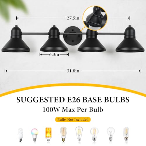 Bairth Bathroom Light Fixtures, 4-light Vanity Light Over Mirror, Matte Black Metal Bathroom Light, Modern Farmhouse Rustic Industrial Indoor Wall Mount Lighting Sconce for Living Room Cabinet Hallway - Image 3