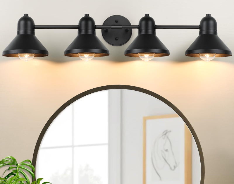 Bairth Bathroom Light Fixtures, 4-light Vanity Light Over Mirror, Matte Black Metal Bathroom Light, Modern Farmhouse Rustic Industrial Indoor Wall Mount Lighting Sconce for Living Room Cabinet Hallway - Image 1