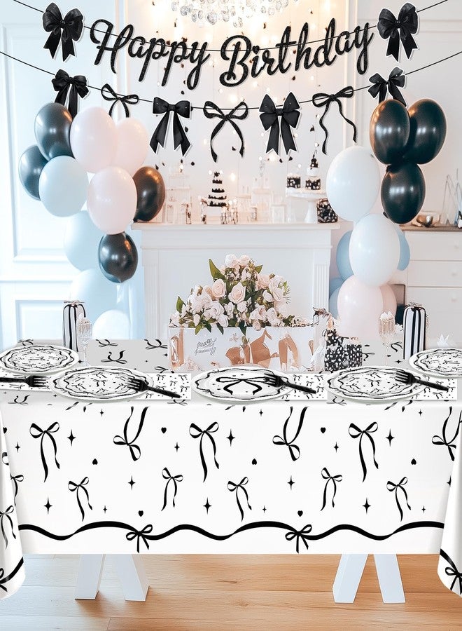 Lecheme Black Bow Birthday Party Decorations 170 Pcs Elegant Coquette Party Supplies Black Bow Plates Napkins Cups Tablecloth Banner Set Serve 24 for Women Girl - Image 3