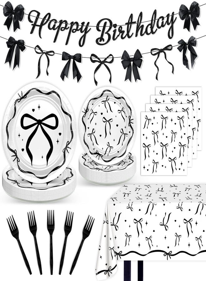 Lecheme Black Bow Birthday Party Decorations 170 Pcs Elegant Coquette Party Supplies Black Bow Plates Napkins Cups Tablecloth Banner Set Serve 24 for Women Girl - Image 1