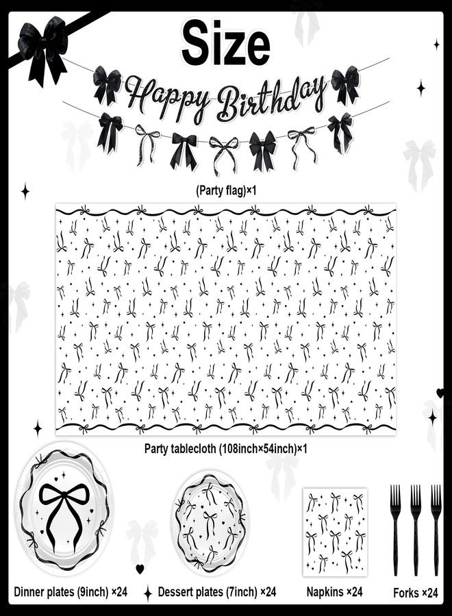 Lecheme Black Bow Birthday Party Decorations 170 Pcs Elegant Coquette Party Supplies Black Bow Plates Napkins Cups Tablecloth Banner Set Serve 24 for Women Girl - Image 2