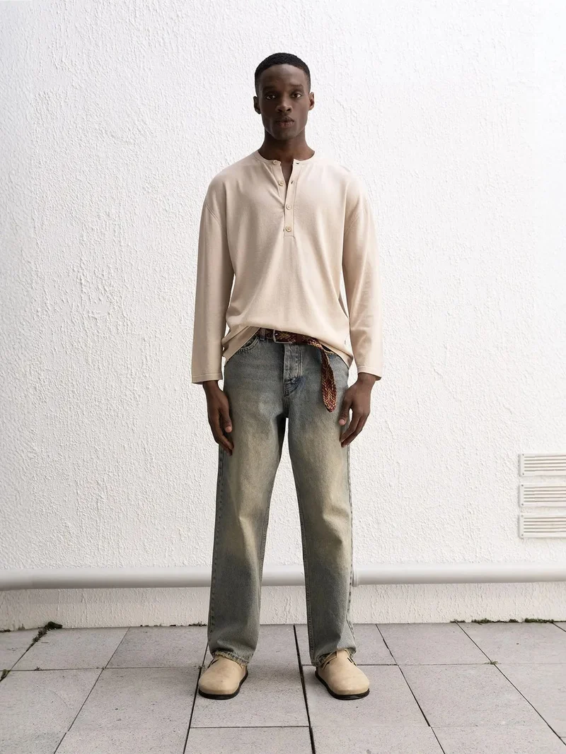 Giesto Beige Natural GIESTO Comfort Fit Long Sleeve Button Collar T-Shirt for Men | Best Price UAE