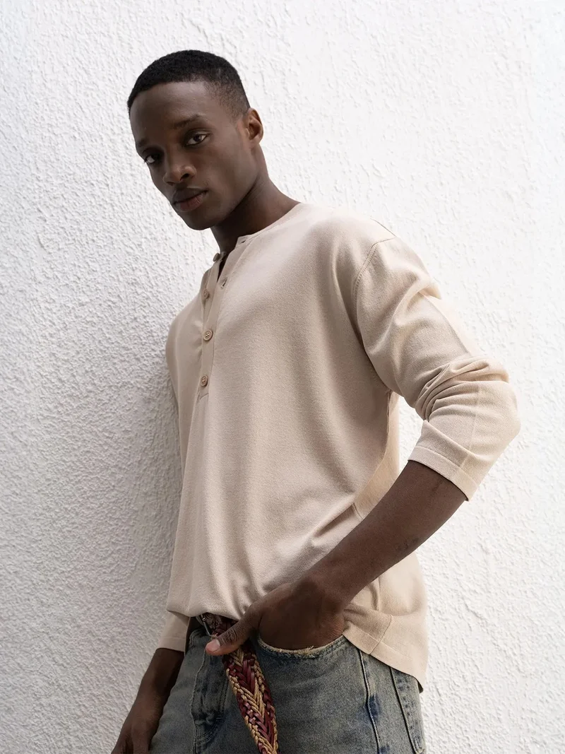 Giesto Beige Natural GIESTO Comfort Fit Long Sleeve Button Collar T-Shirt for Men | Best Price UAE