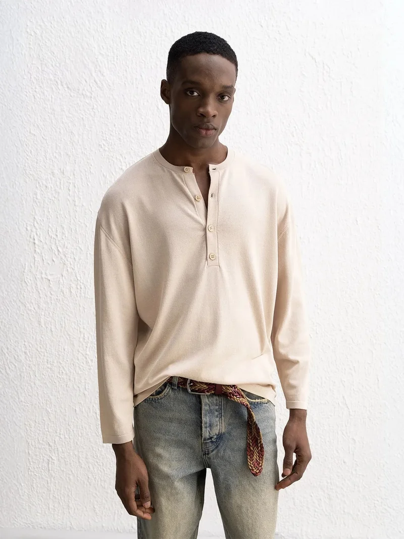 Giesto Beige Natural GIESTO Comfort Fit Long Sleeve Button Collar T-Shirt for Men | Best Price UAE
