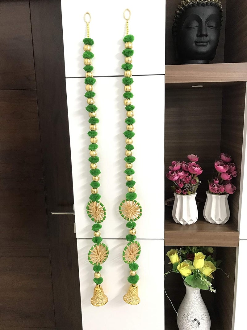 Aahum Handmade Wall Door 35 ftStrings Green Hanging PomPom Chakri ToransGarland Bandhwar with Golden BellsDecoration Item for Home Decor Diwali FestivalNavratriWedding One Pair 35 FT 2 Strings - Image 5