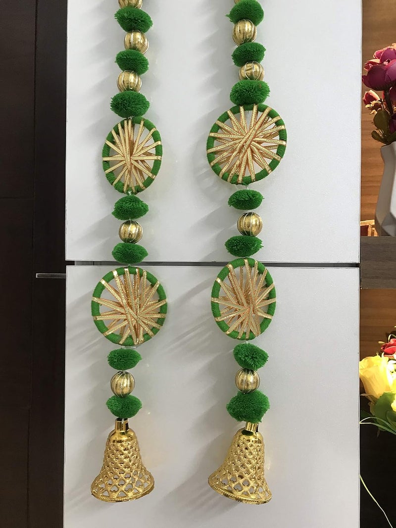Aahum Handmade Wall Door 35 ftStrings Green Hanging PomPom Chakri ToransGarland Bandhwar with Golden BellsDecoration Item for Home Decor Diwali FestivalNavratriWedding One Pair 35 FT 2 Strings - Image 1
