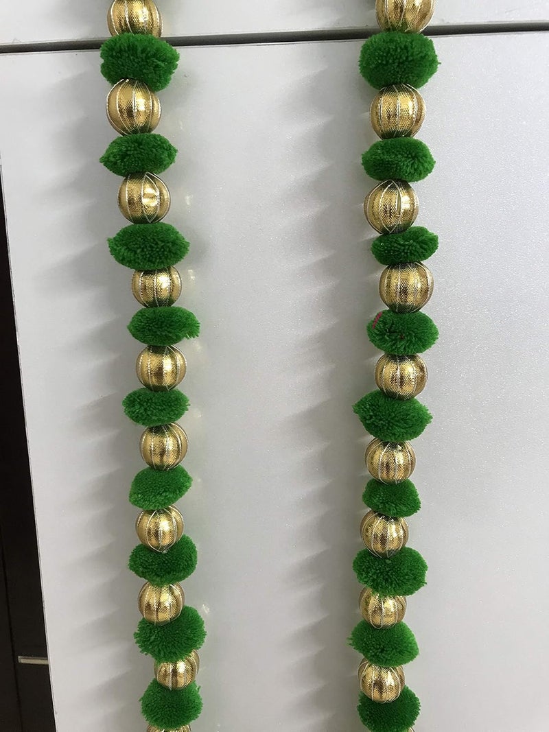 Aahum Handmade Wall Door 35 ftStrings Green Hanging PomPom Chakri ToransGarland Bandhwar with Golden BellsDecoration Item for Home Decor Diwali FestivalNavratriWedding One Pair 35 FT 2 Strings - Image 2