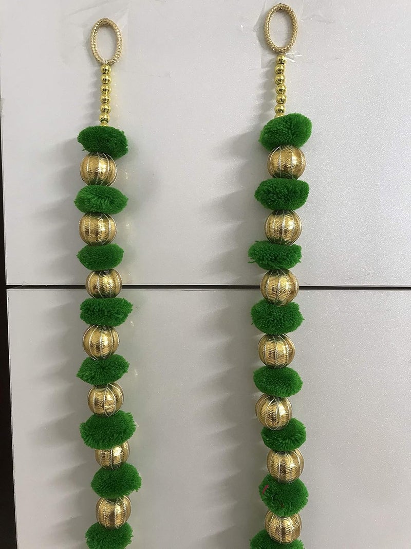 Aahum Handmade Wall Door 35 ftStrings Green Hanging PomPom Chakri ToransGarland Bandhwar with Golden BellsDecoration Item for Home Decor Diwali FestivalNavratriWedding One Pair 35 FT 2 Strings - Image 4