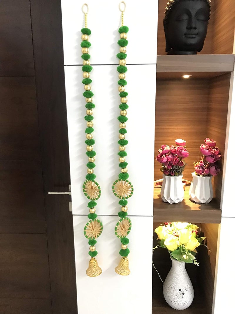 Aahum Handmade Wall Door 35 ftStrings Green Hanging PomPom Chakri ToransGarland Bandhwar with Golden BellsDecoration Item for Home Decor Diwali FestivalNavratriWedding One Pair 35 FT 2 Strings - Image 3
