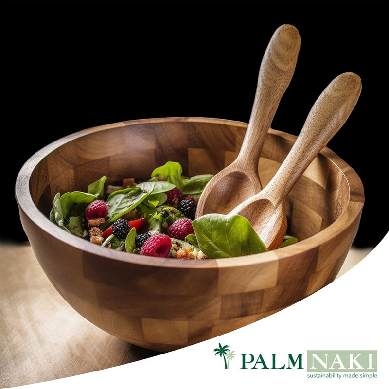 PALM NAKI PALM NAKI Premium Acacia Wood Salad Bowl and Servers Set  3 Piece Sustainable  Durable  Available in Two Sizes  Elegant and Rustic Design for Home Kitchen and Dining 10 x 6  - Image 4