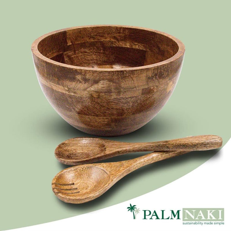 PALM NAKI PALM NAKI Premium Acacia Wood Salad Bowl and Servers Set  3 Piece Sustainable  Durable  Available in Two Sizes  Elegant and Rustic Design for Home Kitchen and Dining 10 x 6  - Image 3