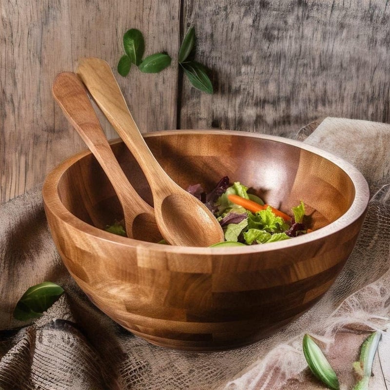PALM NAKI PALM NAKI Premium Acacia Wood Salad Bowl and Servers Set  3 Piece Sustainable  Durable  Available in Two Sizes  Elegant and Rustic Design for Home Kitchen and Dining 10 x 6  - Image 5