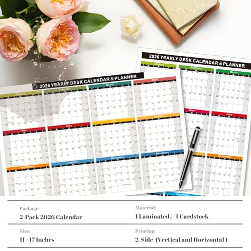 YvnShine 2026 Wall Desk Calendar 11x17 Inch, Reversible 2-Sided Horizontal or Vertical, 12 Month with Generous Block Space & Holidays Marked for Office, Home, School - 2 Pack (1 Laminated & 1 Cardstock) - Image 2