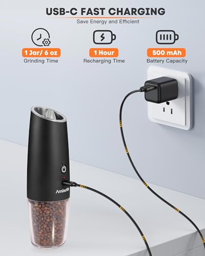 AmuseWit Gravity Electric Salt and Pepper Grinder Set [White Light] USB Rechargeable Automatic Pepper and Salt Mills,Adjustable Coarseness,One-Handed Operation,Matte Black - Image 2