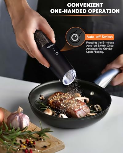 AmuseWit Gravity Electric Salt and Pepper Grinder Set [White Light] USB Rechargeable Automatic Pepper and Salt Mills,Adjustable Coarseness,One-Handed Operation,Matte Black - Image 4