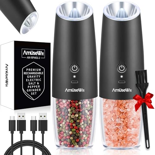 AmuseWit Gravity Electric Salt and Pepper Grinder Set [White Light] USB Rechargeable Automatic Pepper and Salt Mills,Adjustable Coarseness,One-Handed Operation,Matte Black - Image 1