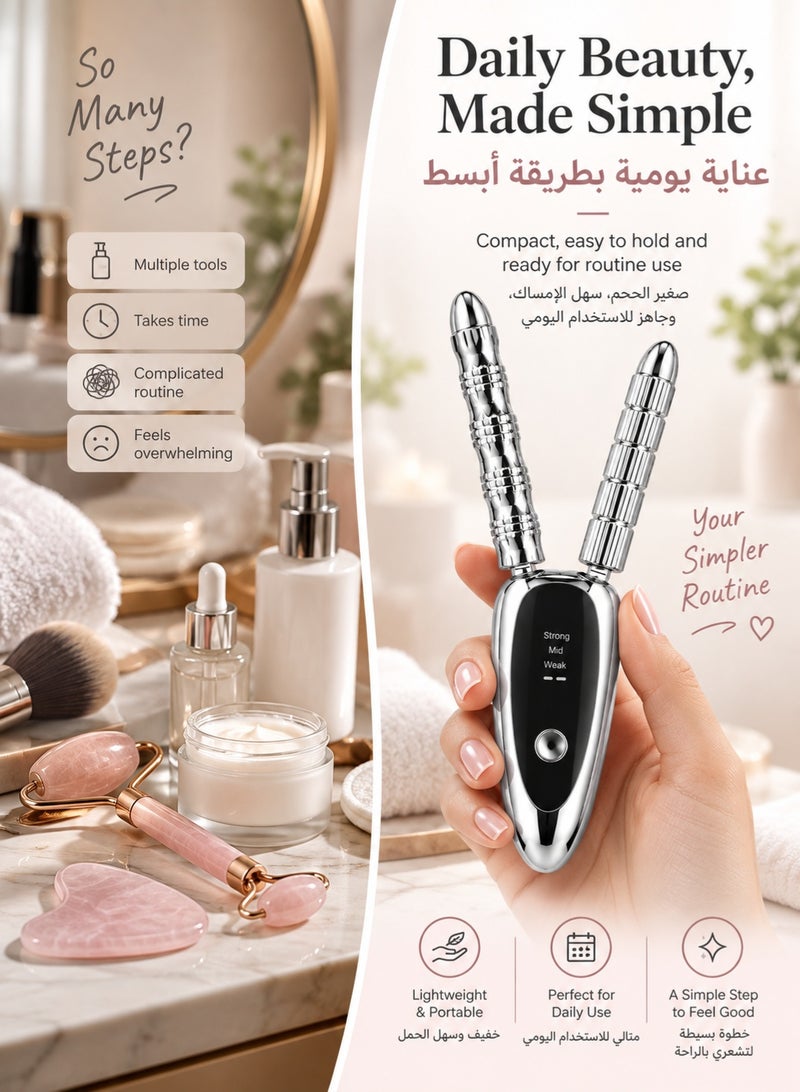 MOSH Dual-Head Electric Face & Neck Massager, 3-Level Portable Beauty Massage Tool with Metal Contact Heads for Daily Face, Neck & Body Care - Image 4
