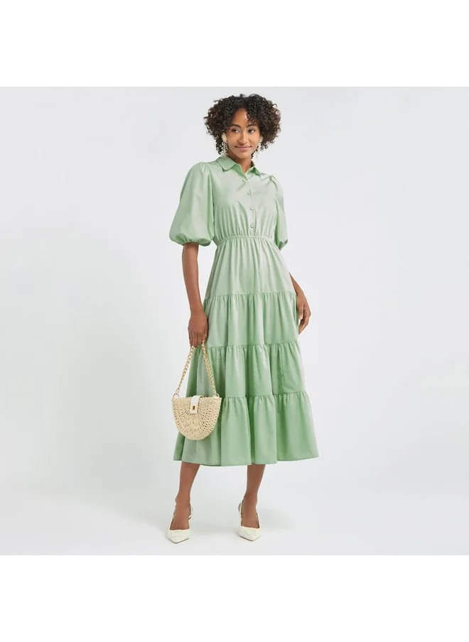 FAV Plain Tiered Shirt Dress with Puff Sleeves