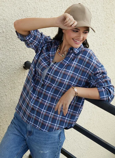 Campus Sutra Women's Navy Blue Tartan Plaid Oversized Shirt