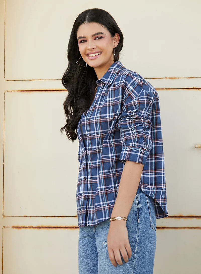 Campus Sutra Women's Navy Blue Tartan Plaid Oversized Shirt