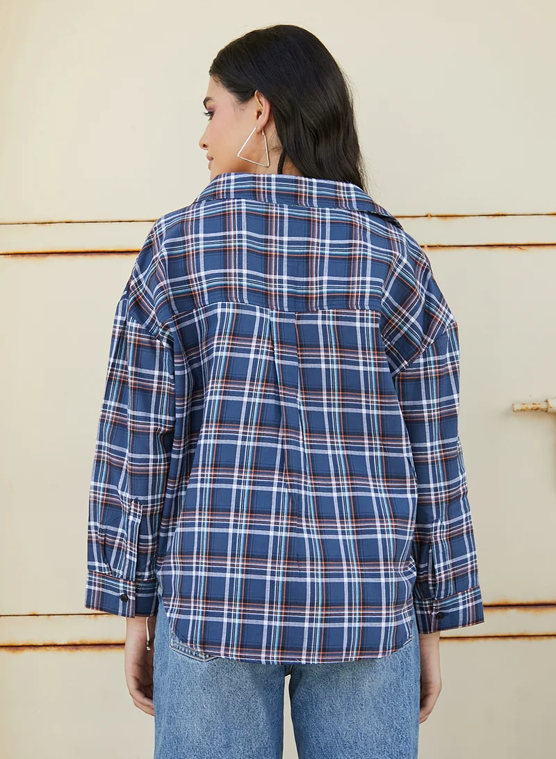 Campus Sutra Women's Navy Blue Tartan Plaid Oversized Shirt
