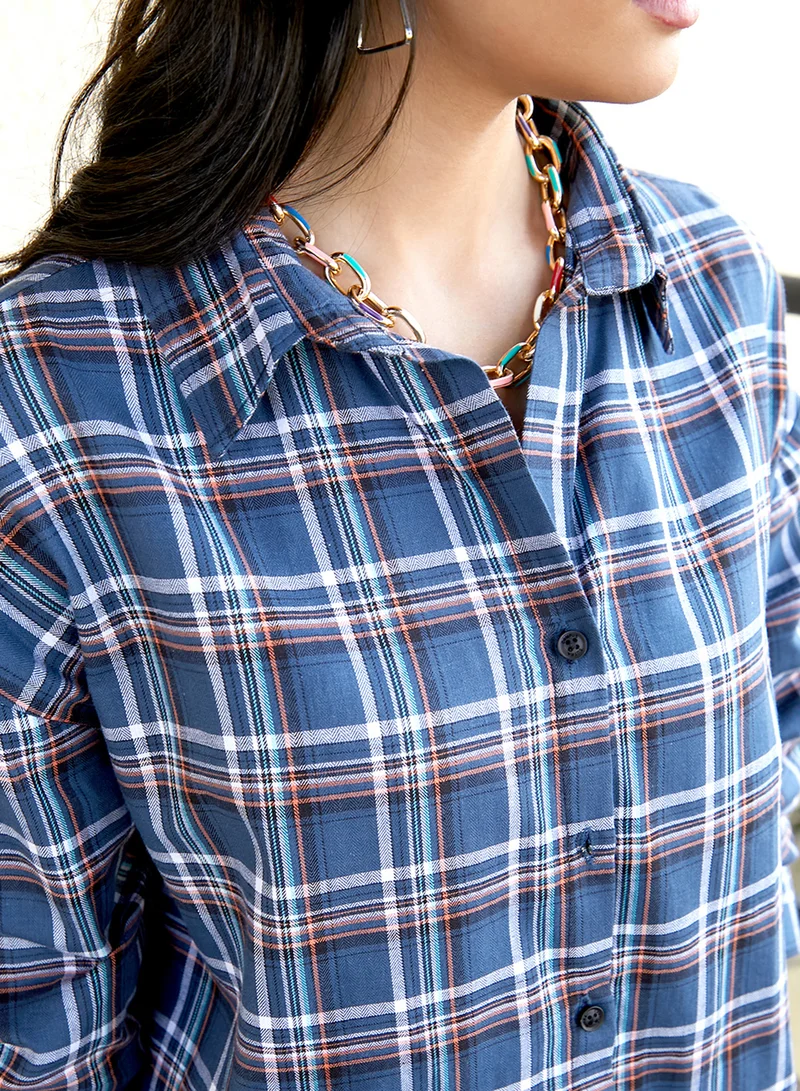 Campus Sutra Women's Navy Blue Tartan Plaid Oversized Shirt