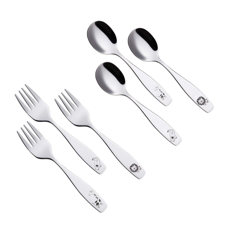 ANNOVA Kids Silverware 6 Pieces Children's Safe Flatware Set Stainless Steel - 3 x Children Forks, 3 x Dinner Spoon, Toddler Utensils, for Lunchbox (Safari Animals Etched Elephant, Giraffe, Lion) - Image 3