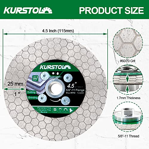KURSTOL Tile Diamond Saw Blade - 4.5"/115mm Dual-Purpose Diamond Cutting Disc,Angel Grinder Blade Arbor 5/8"-11 Thread for Cutting and Grinding Ceramic Tiles,Porcelain,Granite,Marble - Image 2