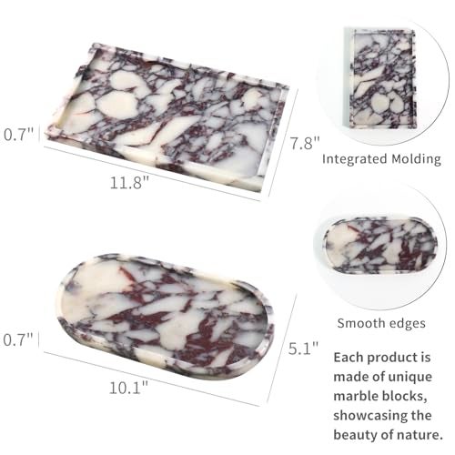 DUANYAN Real Luxurious Natural Marble Vanity Tray Genuine Marble Storage Tray for Home Decor Stone Tray for Bathroom/Kitchen/Vanity/Dresser Non-Resin/Non-Ceramic/Viola Oval Set - Image 2
