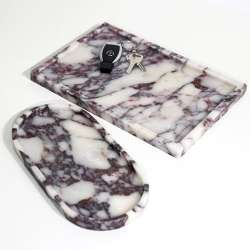 DUANYAN Real Luxurious Natural Marble Vanity Tray Genuine Marble Storage Tray for Home Decor Stone Tray for Bathroom/Kitchen/Vanity/Dresser Non-Resin/Non-Ceramic/Viola Oval Set - Image 5