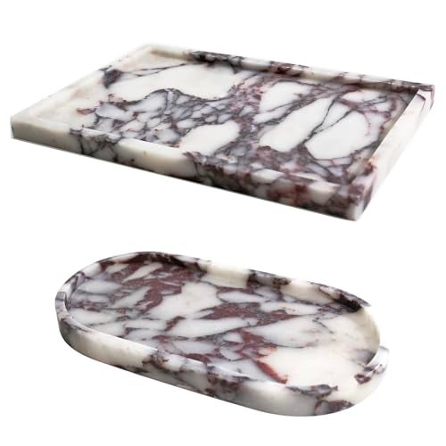 DUANYAN Real Luxurious Natural Marble Vanity Tray Genuine Marble Storage Tray for Home Decor Stone Tray for Bathroom/Kitchen/Vanity/Dresser Non-Resin/Non-Ceramic/Viola Oval Set - Image 1