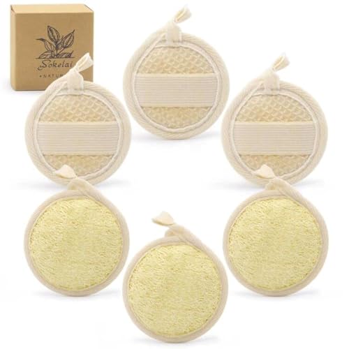wokelai Exfoliating Loofah Sponge Pads Face loofa Brush 6 Pack 3.15 inches Made of 100% Natural Luffa Body and Facial Scrub Pad Personal Care Close Skin for Men and Women for Bath Spa and Shower - Image 1