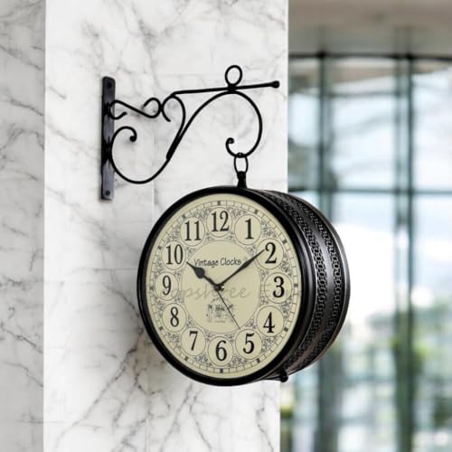 Vintage Clock Metal Handcrafted Jali Design Double Side Railway Station Clock With One Side English Other Side Roman Number (Black, 10 Inches Size) - Analog - Image 1