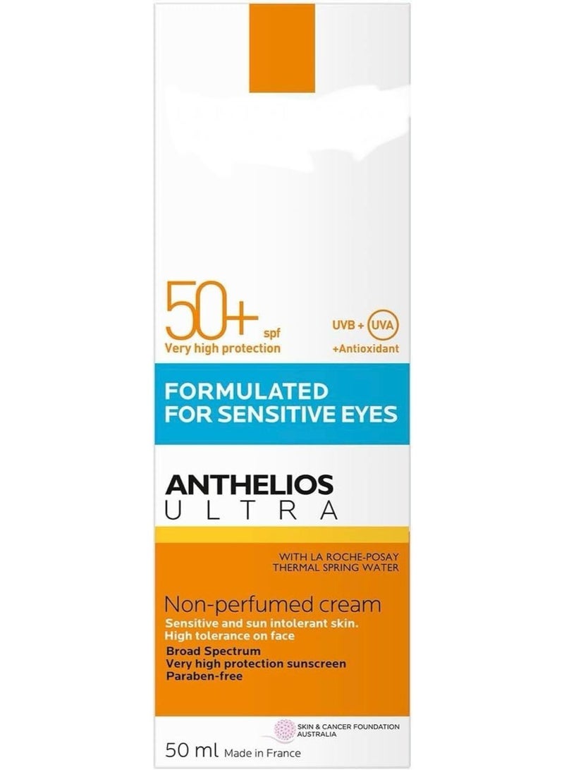 Facial sunscreen SPF 50+ with very high UVA/UVB protection, suitable for sensitive sun‑intolerant skin, non‑perfumed and paraben‑free.