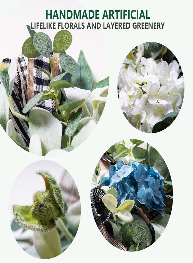 soosubel Hydrangea Wreaths for Front Door Year Round, 20-22" Spring Summer Wreath with Buffalo Check Burlap Bow Eucalyptus, Handmade Modern Farmhouse Decor for Porch Wall Holiday - Image 2