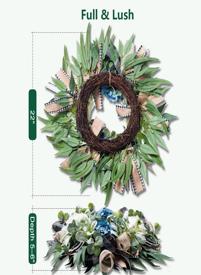 soosubel Hydrangea Wreaths for Front Door Year Round, 20-22" Spring Summer Wreath with Buffalo Check Burlap Bow Eucalyptus, Handmade Modern Farmhouse Decor for Porch Wall Holiday - Image 3
