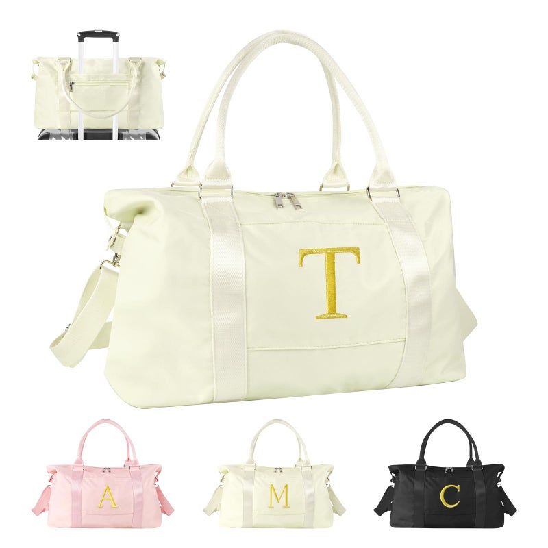 Iqimott Personalized Initial Gym Dance Bag Travel Duffel Bag for Teen Girls Carry On Bag Overnight Weekender Bag with Trolley Sleeve Birthday Gifts for Women Mom Daughter Graduation GiftLetter T Beige - Image 2