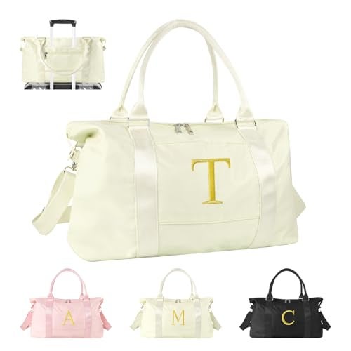 Iqimott Personalized Initial Gym Dance Bag Travel Duffel Bag for Teen Girls Carry On Bag Overnight Weekender Bag with Trolley Sleeve Birthday Gifts for Women Mom Daughter Graduation GiftLetter T Beige - Image 1