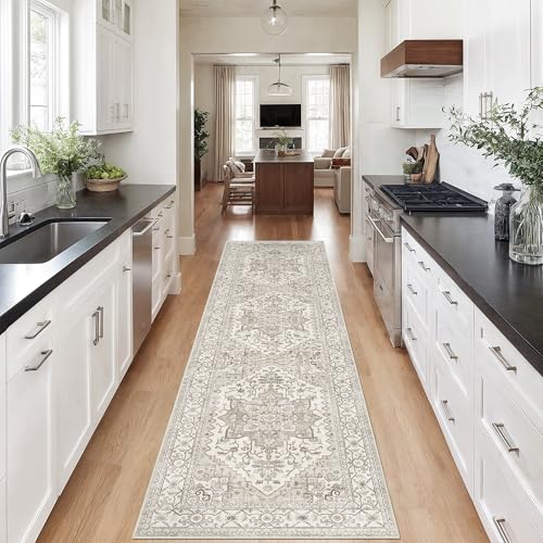 Madane Runner Rug 2x8, Washable Hallway Runner Rugs, Non-Slip Low-Pile Soft Kitchen Rug Runner Laundry Room Rug, Vintage Throw Entry Foyer Mat for Entrance Living Room (Beige/Brown, 2 x 8) - Image 1