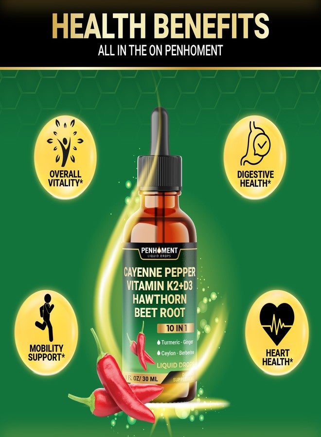 Penhoment بينهومنت ١٠ في ١، ٢٧٠٠ ملغ قطرات سائلة من الفلفل الحار + توت الزعرور، فيتامين د٣، ك٢، جذر الشمندر، الكركم، الزنجبيل، وغيرها - لدعم الهضم - ٣٠ مل - تكفي لشهرين - Image 3