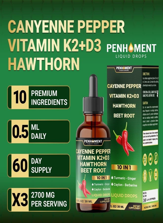Penhoment بينهومنت ١٠ في ١، ٢٧٠٠ ملغ قطرات سائلة من الفلفل الحار + توت الزعرور، فيتامين د٣، ك٢، جذر الشمندر، الكركم، الزنجبيل، وغيرها - لدعم الهضم - ٣٠ مل - تكفي لشهرين - Image 4