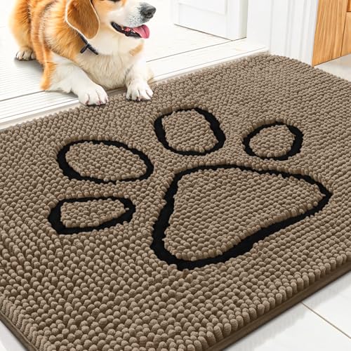 Smiry Dog Door Mat for Muddy Paws Absorbent Dirt Trapper Non Slip Quick Dry Washable Chenille Mat for Mud Dogs Entry Rug for Indoor and Outdoor 30x20 Inches Camel and Black - Image 1