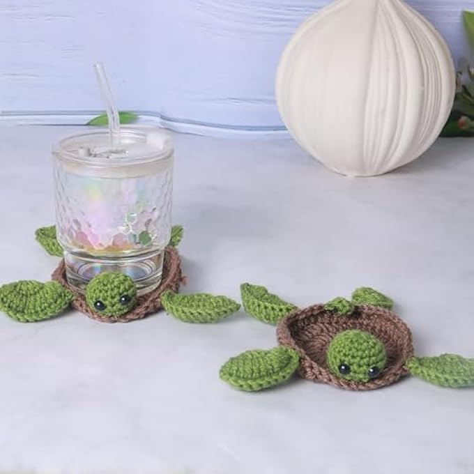 MRTURK Revhq 1 Pc Turtle Coaster Rug For Drink Cup Mug Handmade Crochet Knitting Animal Tortoise Shaped Mat Set Creative Gift For Teacher Daughter Mom Funny Desk Table Office Accessories - Image 3